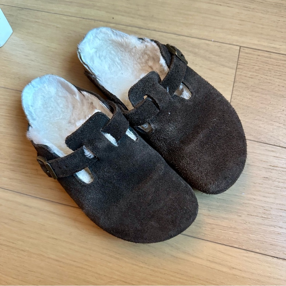 Birkenstock Boston Brown Suede Shearling-Lined Clogs